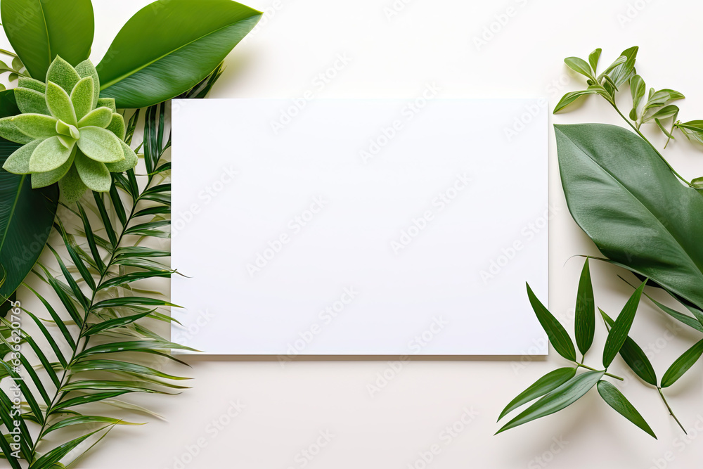 Blank Paper Surrounded by Lush Green Plants on a White Background with empty space for text Blank Paper Surrounded by Lush Green Plants on a White Background with empty space for text