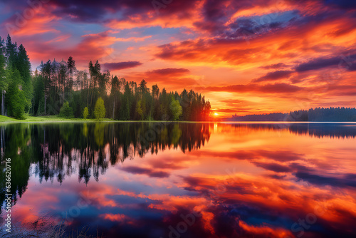 beautiful lake water reflect the sky and forest trees at sunset.