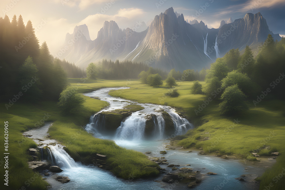 mountain river in the morning,  beautiful waterfall from plains in a stream with mountain background , Generative Ai