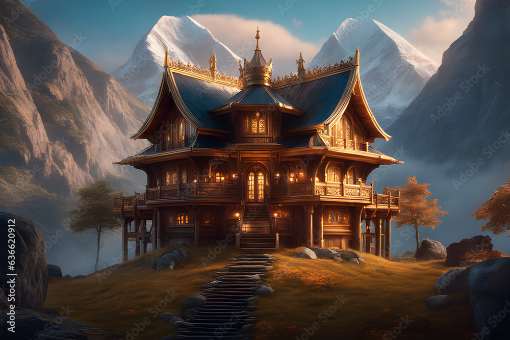 Fototapeta premium beautiful wooden house between mountains