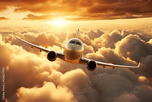 Luxury business jet plane airplane private jet during flight fast luxurious transportation success journey wealth fly flying evening sky sunset gold golden horizon sun clouds landing style stylish