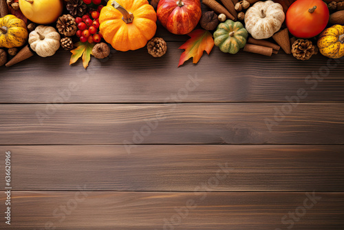 Ripe Pumpkins and Autumn Decor banner for Thanksgiving with empty space for copy
