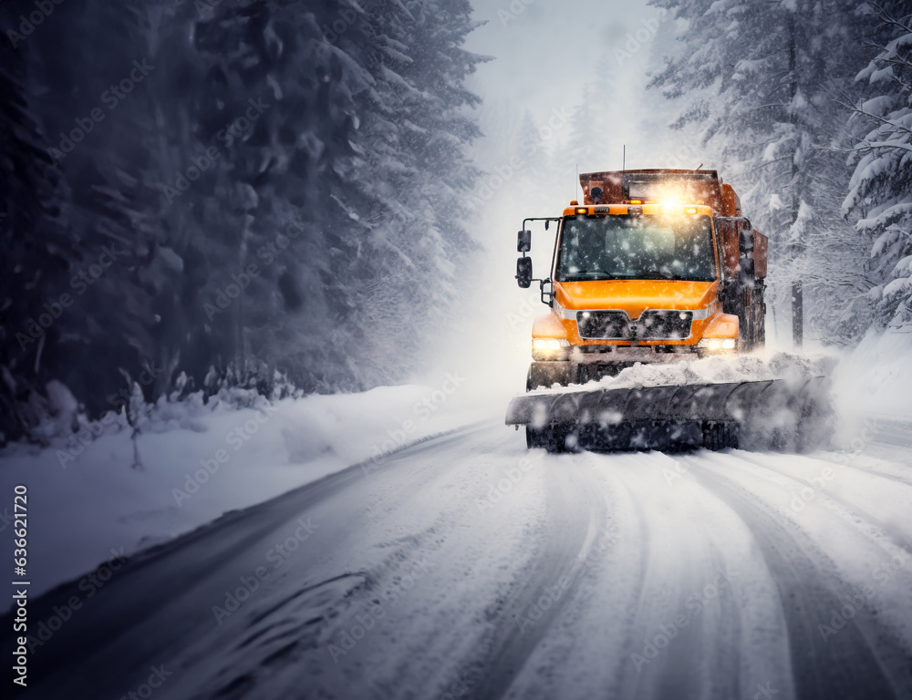 Snowplow removing snow from a road during a winter blizzard or snowstorm. Concept of traffic in blizzard and snow removal. Shallow field of view. Snowplow removing snow from a road during a winter blizzard or snowstorm. Concept of traffic in blizzard and snow removal. Shallow field of view.