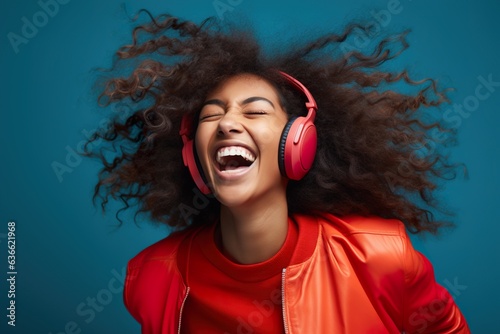 Excited modern playful female of Indian ethnicity listening to music with headphones