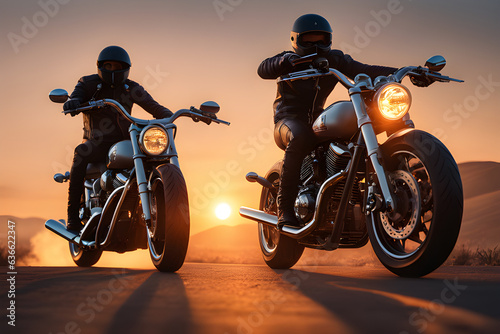 motorcycle on the road, group of motorcycle riders riding together with sunset background
