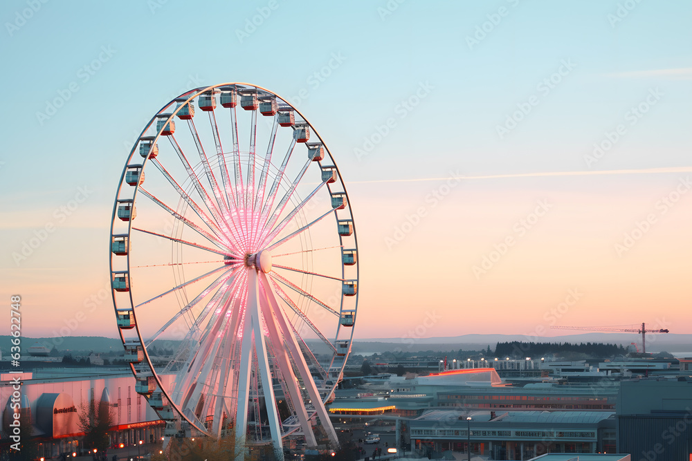 A Ferris wheel against the backdrop of a picturesque