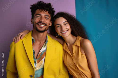 diverse couple at photo studio. happy, Bold Modern, vibrant  color clothing, 