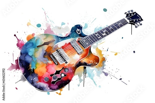 Leinwand Poster Watercolor guitar with color splashes on white background