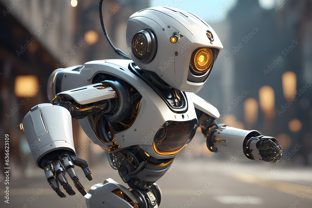 robot isolated, cute robot with one eye running in the road of the town robot isolated, cute robot with one eye running in the road of the town