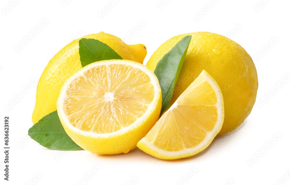 Two whole fresh beautiful yellow lemons with half slice and leaves isolated on white background with clipping path and shadow in png file format Two whole fresh beautiful yellow lemons with half slice and leaves isolated on white background with clipping path and shadow in png file format