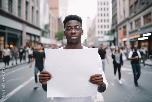 Black young man is holding white mockup poster in his hands on the street