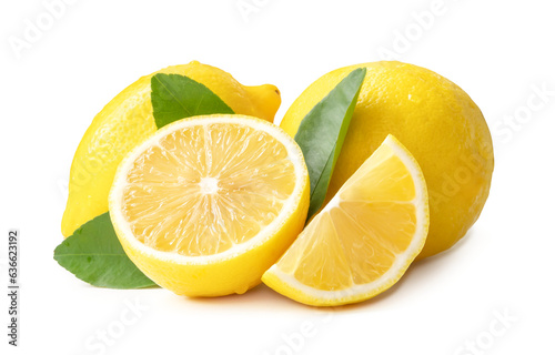 Two whole fresh beautiful yellow lemons with half slice and leaves isolated on white background with clipping path and shadow in png file format © nathamag11