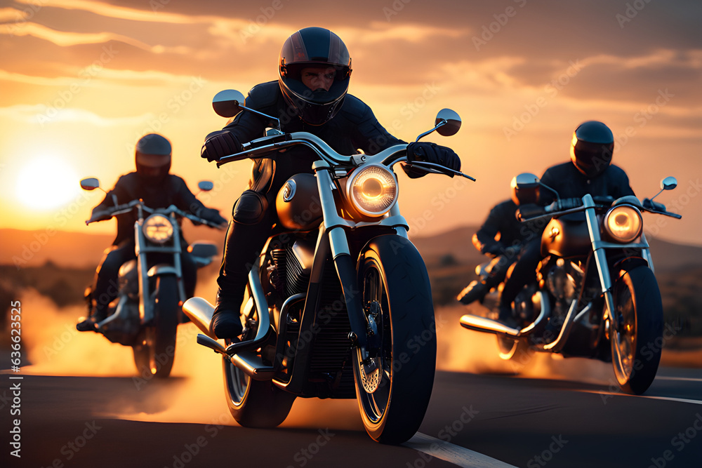 motorcycle on the road, group of three motorcycle riders riding together in the desert at sunset. motorcycle on the road, group of three motorcycle riders riding together in the desert at sunset.