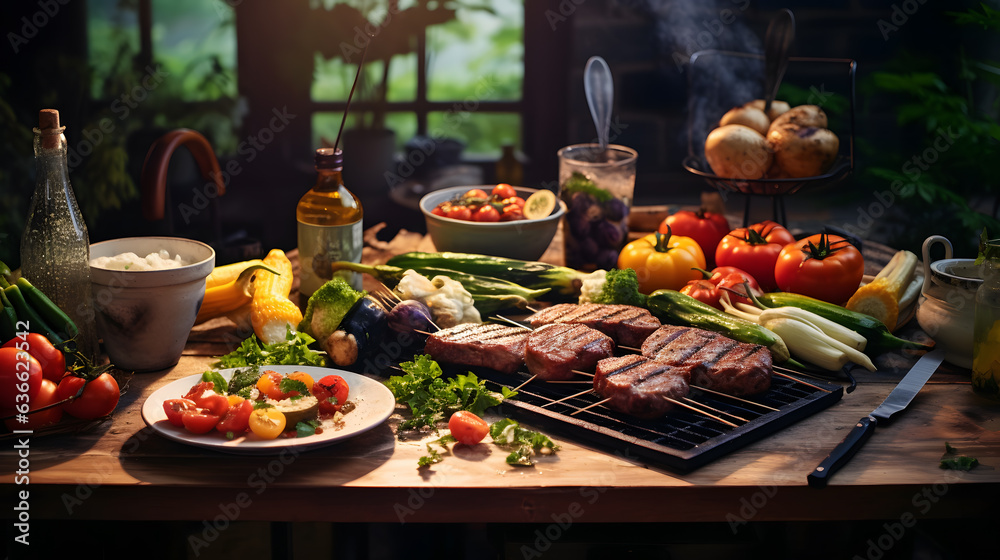 Barbecue on the table with vegetables decorated with greens