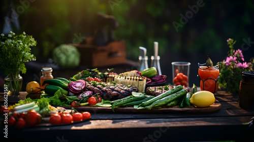 Barbecue on the table with vegetables decorated with greens