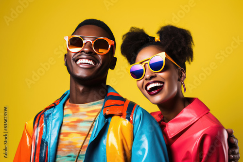 diverse couple at photo studio. happy, Bold Modern, vibrant color clothing, 