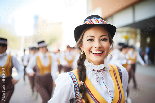 a lively Oktoberfest parade showcasing marching band woman photo