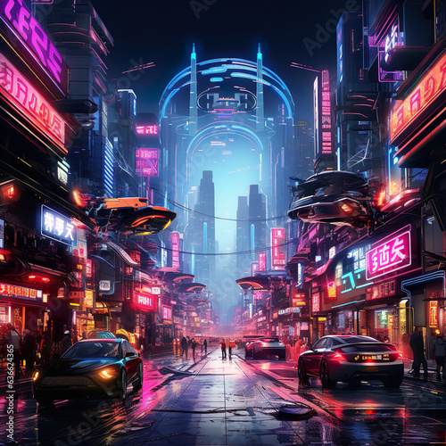 A retro synth blade runner style city of the future, with neon lights and tall skyscrappers