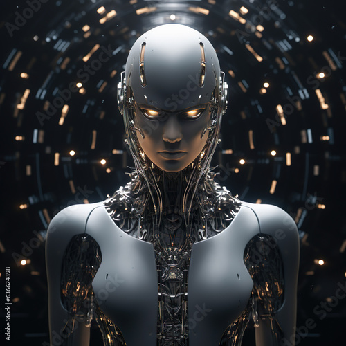 A cybernetic futuristic high tech portrait of a cyborg representing the evolution and impact of artificial intelligence AI in society and the future of technology