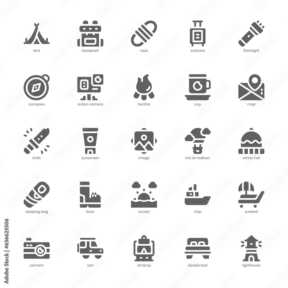 Camping and Tourism icon pack for your website, mobile, presentation, and logo design. Camping and Tourism icon glyph design. Vector graphics illustration and editable stroke.