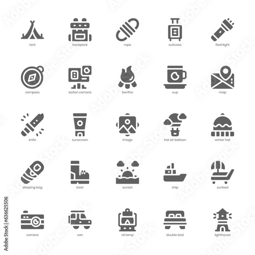 Camping and Tourism icon pack for your website, mobile, presentation, and logo design. Camping and Tourism icon glyph design. Vector graphics illustration and editable stroke.