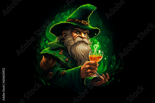 A magical leprechaun holds a glass of beer. Generative AI