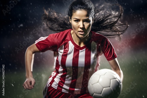 Portrait of confident young female soccer player with soccer ball. unaltered, sport, sports uniform, athlete and women's soccer. Generative ai © Yulia