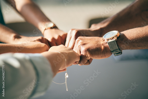 Hands, fist bump and business people, mission and collaboration with support, target goals and closeup. Meeting, team building and agreement, synergy and plan together with community and partnership photo