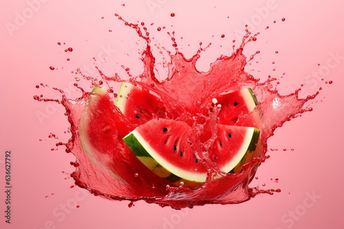 Juicy and fresh sliced of watermelon isolated. Splash of juice. Fruit burst. Вig berry. Watermelon juice. Juicy watermelon promotion banner.