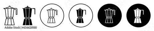 moka pot icon set. italian espresso coffee pot vector symbol in black filled and outlined style. photo
