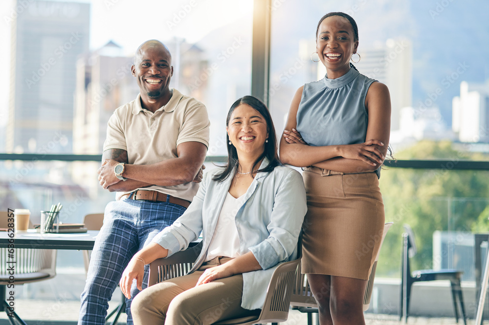 Obraz premium Team in portrait, meeting and diversity with happy people in the workplace together, mission and community. Business, corporate group and professional office, trust and support, smile and coworking
