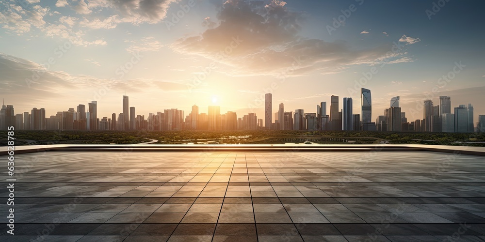 Courtyard has many buildings in background. Cityscape in morning hues. Sunrise over skyline