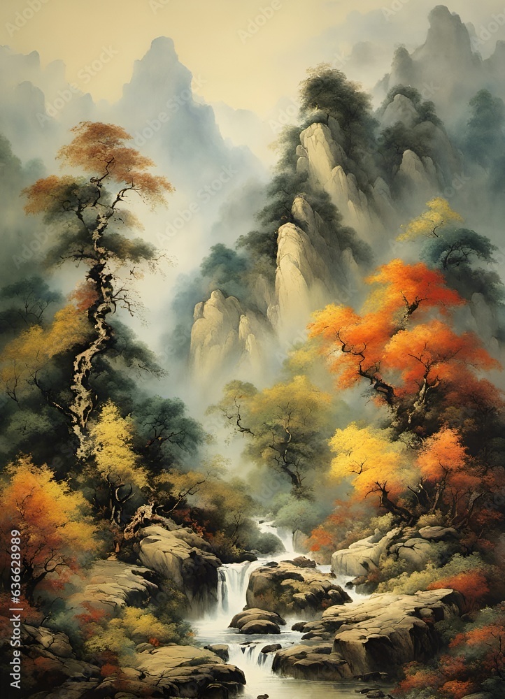 Fototapeta premium Mountains, forest and river Chinese traditional painting