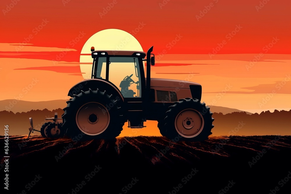 Fototapeta premium Tractor sunset art. Generate Ai