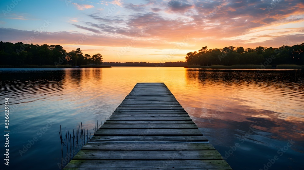 Sunset View of a wooden Pier at a beautiful Lake. Panoramic Summer Background 
