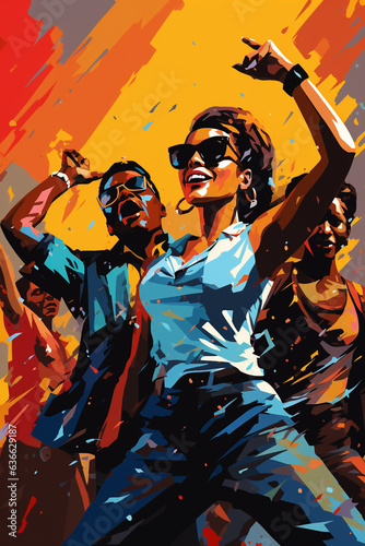 fröhliche tanzende Menschen in den 90er Jahren. Disco Party Event. Retro Partypeople in bunten Farben. Pop Art. Generative Ai.