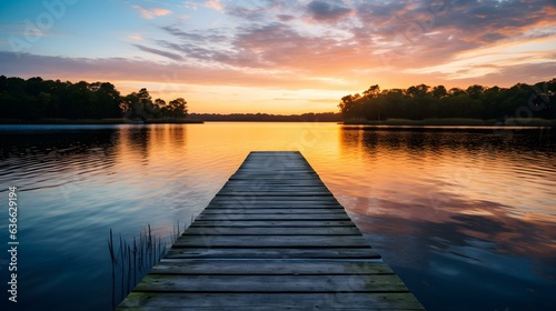 Sunset View of a wooden Pier at a beautiful Lake. Panoramic Summer Background 