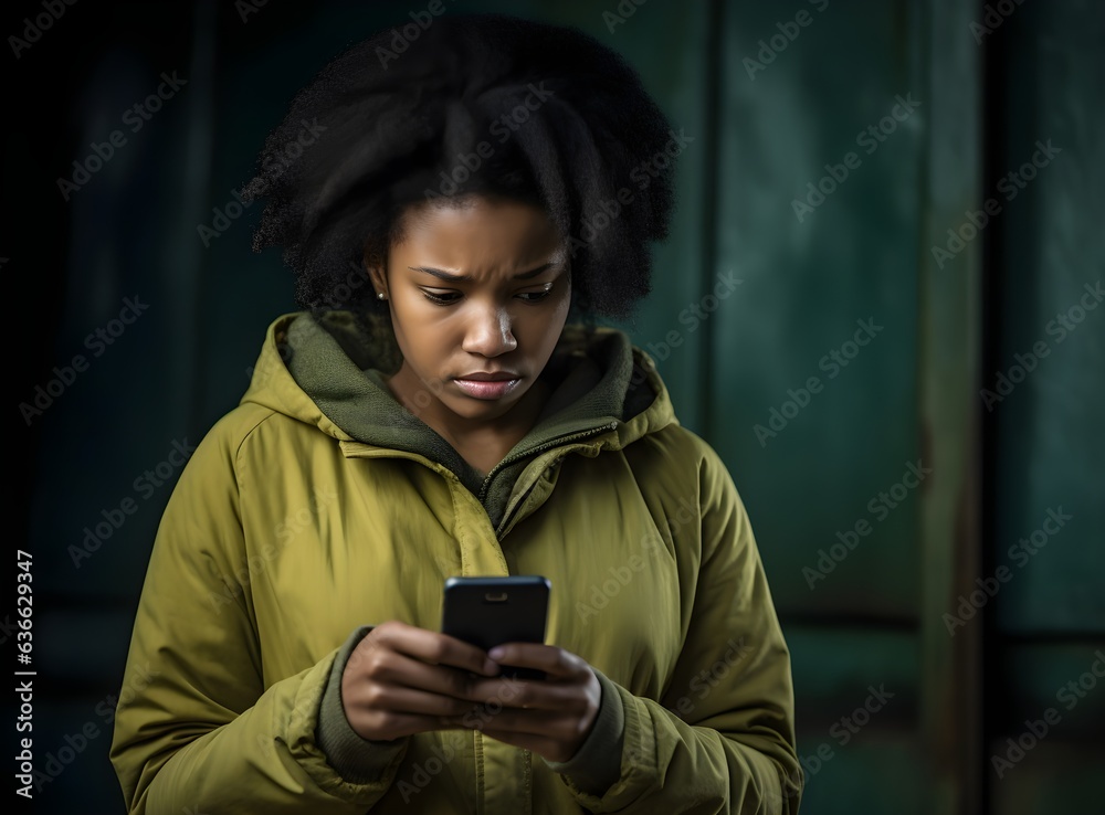 Fototapeta premium Photo portrait of nervous worried sad African American girl with bright clothes looking at mobile phone holding it in hands, standing outside on dark green color background, AI Generated