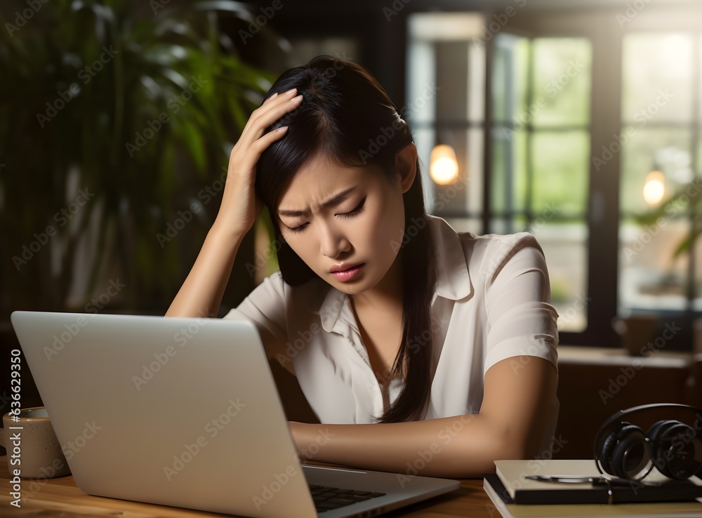 Exhausted Asian businesswoman having a headache at office. Mature creative woman working at desk feeling tired. Stressed, formal, Chinese feeling eye pain overworking on desktop computer, AI Generated Exhausted Asian businesswoman having a headache at office. Mature creative woman working at desk feeling tired. Stressed, formal, Chinese feeling eye pain overworking on desktop computer, AI Generated