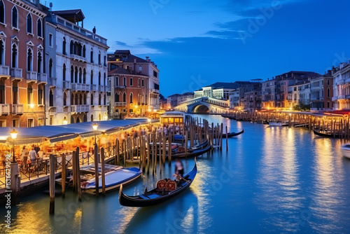 Famous grand canale from Rialto Bridge at blue hour  Venice  Italy