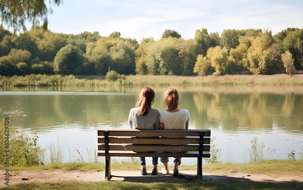 Young lesbian lgbt couple sitting on bench in park, looking at the natural lake view, two women, summer, green. love, AI Generated Young lesbian lgbt couple sitting on bench in park, looking at the natural lake view, two women, summer, green. love, AI Generated