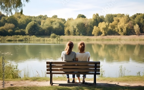 Young lesbian lgbt couple sitting on bench in park, looking at the natural lake view, two women, summer, green. love, AI Generated © Vladislava