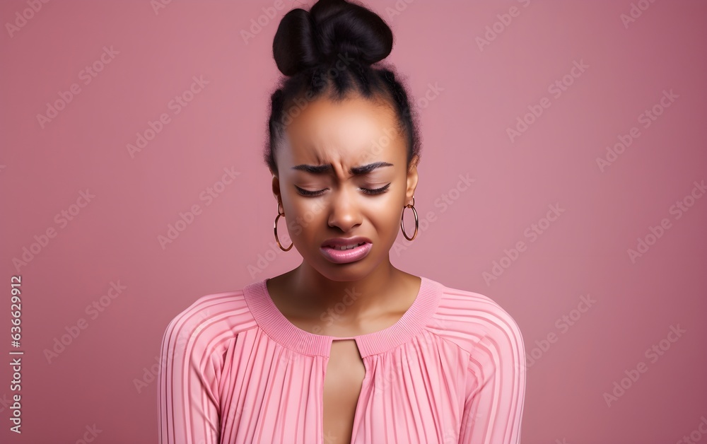 Fototapeta premium Closeup portrait photo of young crying attractive African American woman with unhappy sad face, problem, depressed, offended isolated on modern pastel pink color background, AI Generated
