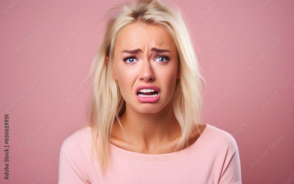 Closeup portrait photo of young crying attractive blond hair woman with unhappy sad face, problem, depressed, offended isolated on modern pastel blue color background, AI Generated Closeup portrait photo of young crying attractive blond hair woman with unhappy sad face, problem, depressed, offended isolated on modern pastel blue color background, AI Generated