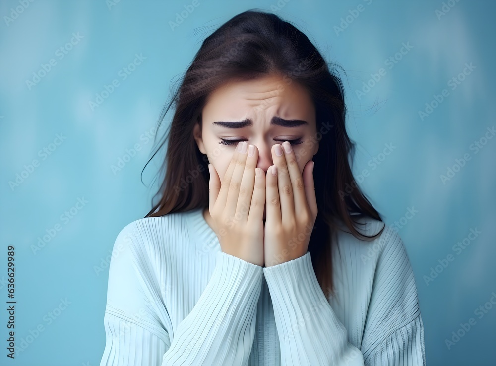 Closeup portrait photo of young crying attractive woman with unhappy sad face, problem, depressed, offended isolated on modern pastel blue color background, AI Generated Closeup portrait photo of young crying attractive woman with unhappy sad face, problem, depressed, offended isolated on modern pastel blue color background, AI Generated