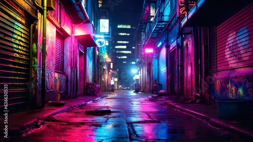 Neon-lit alleyway made with Ai generative technology, Property is fictional © Jixster