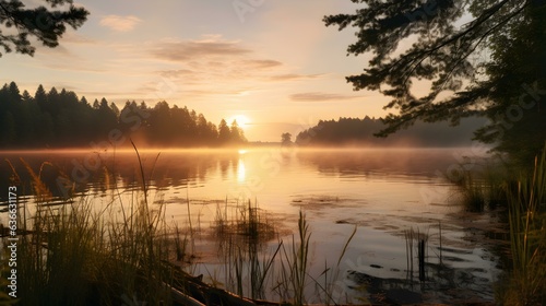 Sunrise View of a foggy Lake at Dawn. Panoramic Summer Background 