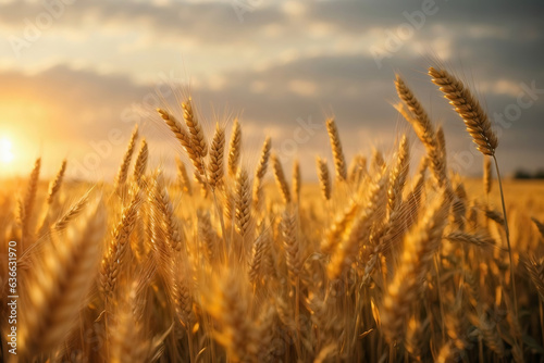 Wheat field. Ears of golden wheat close up. Beautiful Nature Sunset Landscape. Rural Scenery under Shining Sunlight. 