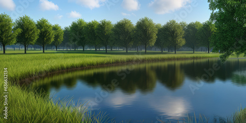 Photorealistic natural garden park reflection on water for background with beautiful scenery