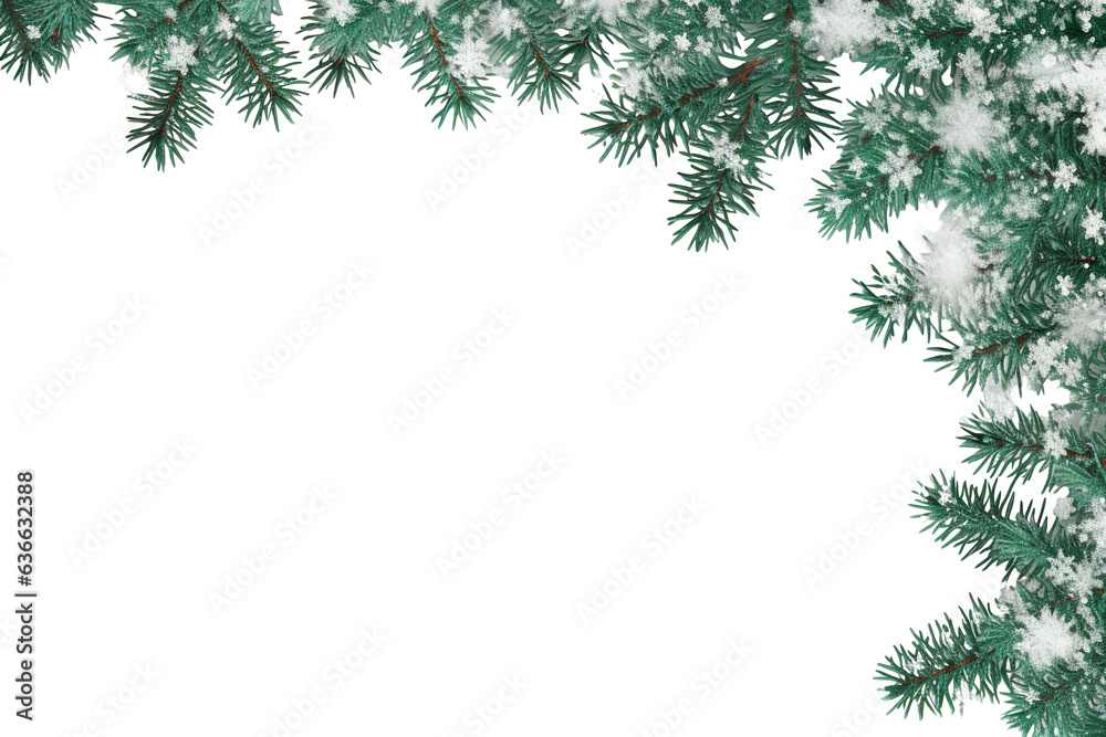 Obraz premium border of isolated green Christmas tree branches at the edge on transparent background with sparkling white snowflakes on white background with copy space PNG
